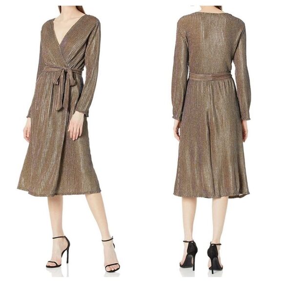CHAUS Glimmery Tie-Waist Midi Dress - Size L Gold/Plum - Picture 1 of 6